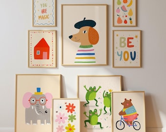 Pacote de Arte de Parede para Quarto Infantil, Conjunto com 100 Impressões Digitais para Imprimir, Decoração Moderna para Quarto de Crianças, Galeria de Parede para Sala de Jogos, Download Digital