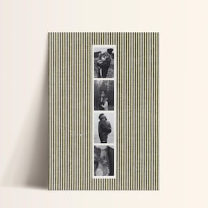 May include: A vertical photo card with a green and white striped background. Four black and white photographs are displayed vertically in a white frame. The photographs appear to be of a couple in various poses.