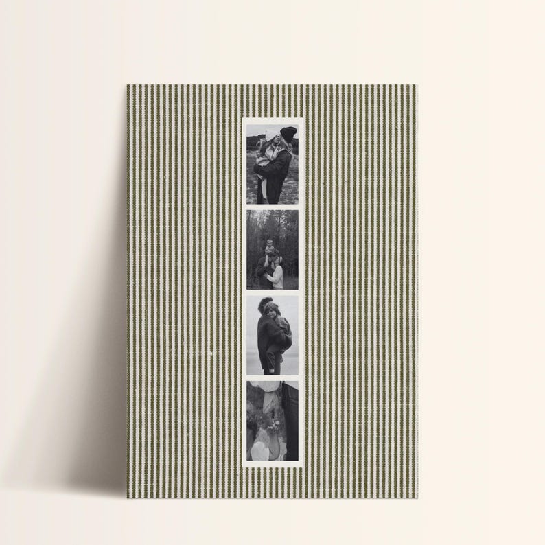 May include: A vertical photo card with a green and white striped background. Four black and white photographs are displayed vertically in a white frame. The photographs appear to be of a couple in various poses.