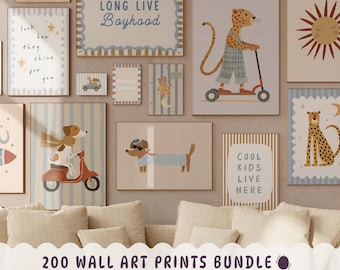 May include: A collection of framed wall art prints featuring whimsical animal illustrations, including a dog on a scooter, a leopard on a scooter, and a sun. The prints have a soft color palette and include text that reads "Look how they shine for you" and "Cool kids live here."