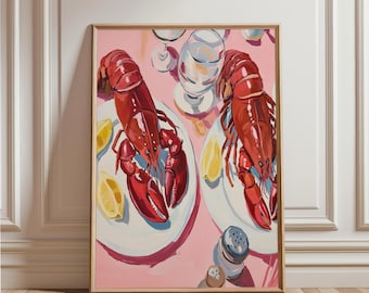 Coastal Kitchen Print, Red Lobster Seafood Wall Art Printable