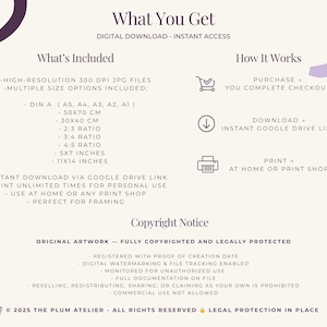 May include: Digital download information sheet titled "What You Get". Details file types, size options, and usage rights. Text in a soft, neutral colour palette with decorative elements. Includes measurements in cm and inches.