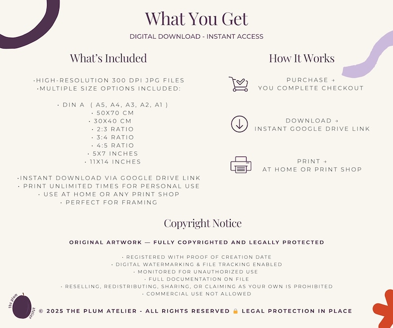 May include: Digital download information sheet titled "What You Get". Details file types, size options, and usage rights. Text in a soft, neutral colour palette with decorative elements. Includes measurements in cm and inches.