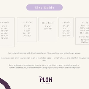 May include: A size guide chart with print ratios and dimensions in inches and centimeters, including 4x6, 8x10, 11x14, and A1-A4 sizes. The guide also includes EU CM sizes. The Plum Atelier logo is at the bottom.