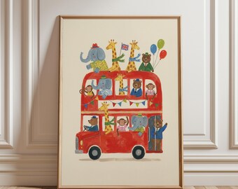 Arte de pared imprimible con autobús de animales, decoración de guardería de safari, impresión de habitación infantil de jungla, arte del autobús rojo de Londres, póster para sala de juegos