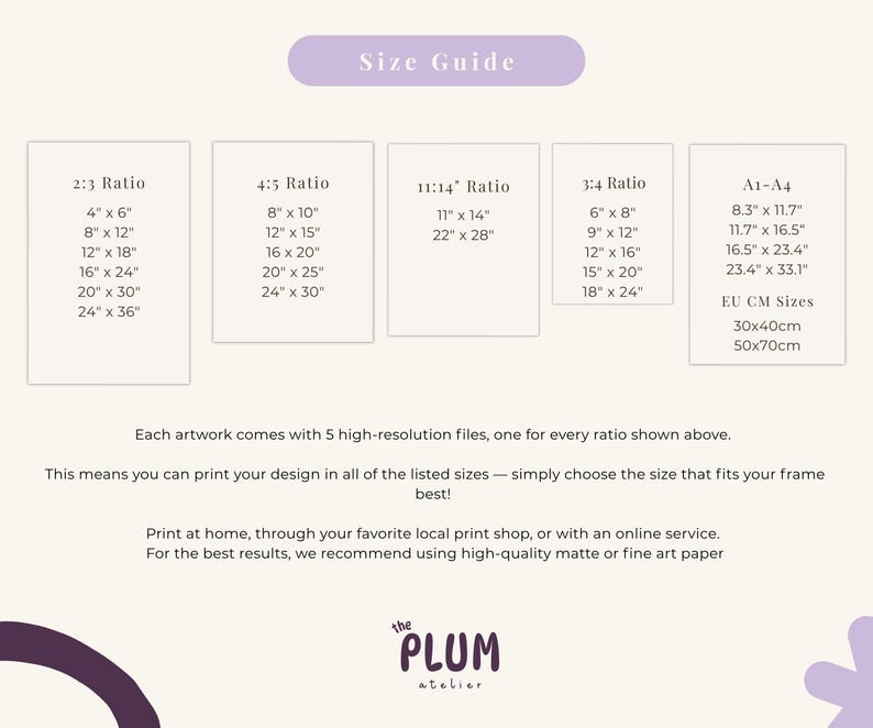 The image is a size guide for various artworks, providing recommended sizes for different ratios. Each artwork comes with 5 high-resolution files, one for every ratio shown above. The guide suggests printing the design in the chosen size to fit the frame best. It also provides options for printing at home, through a local print shop, or with an online service. The recommended material for the best results is high-quality matte or fine art paper.