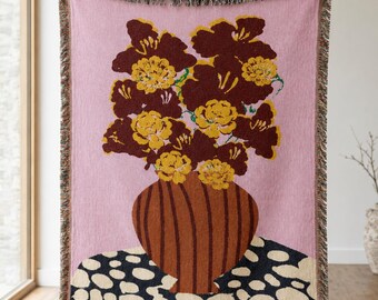 Geweven deken met bloemenmotief, roze jacquard plaid, moderne botanische deken, artistieke katoenen plaid, hedendaagse textielkunst met bloemenmotief