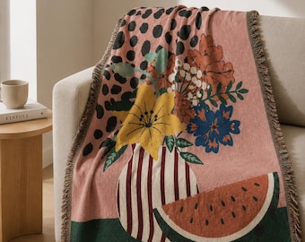 Geweven deken met watermeloenmotief voor de zomer, plaid met bloemenjacquard, roze botanische deken, kleurrijke katoenen plaid, artistieke zomerse woondecoratie