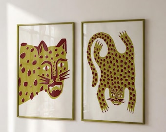 Set van 2 printbare muurdecoraties met luipaardprint, moderne dierenposter, safari-kunstprints, minimalistische galerijwand, digitale download