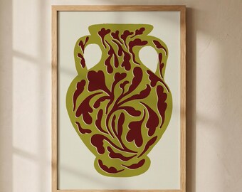 Printbare wanddecoratie vaas, decoratief vaasontwerp, bordeauxrode olijfgroene kunstprint, mid-century modern decor, minimalistische poster, digitale download