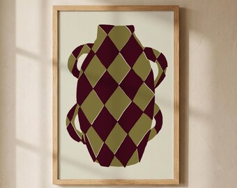 Printbare wanddecoratie: vaas met geometrisch patroon, bordeauxrode olijfgroene kunstprint, mid-century modern decor, minimalistische poster, digitale download