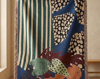 Abstracte botanische geweven deken, moderne jacquard plaid, stilleven textielkunst, kleurrijke katoenen plaid, artistiek geweven wandtapijtdeken