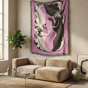 Eternal Flight Jacquard Woven Cotton Throw Blanket with Swans, Decorative Boho Blanket for Sofa, Bed or Wall, Home Decor Gift image 2