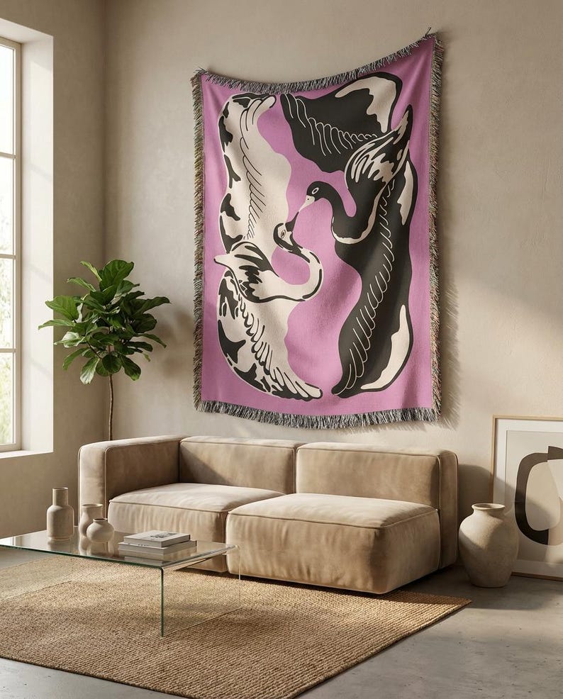 Eternal Flight Jacquard Woven Cotton Throw Blanket with Swans, Decorative Boho Blanket for Sofa, Bed or Wall, Home Decor Gift image 2