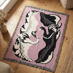 Eternal Flight Jacquard Woven Cotton Throw Blanket with Swans, Decorative Boho Blanket for Sofa, Bed or Wall, Home Decor Gift image 4