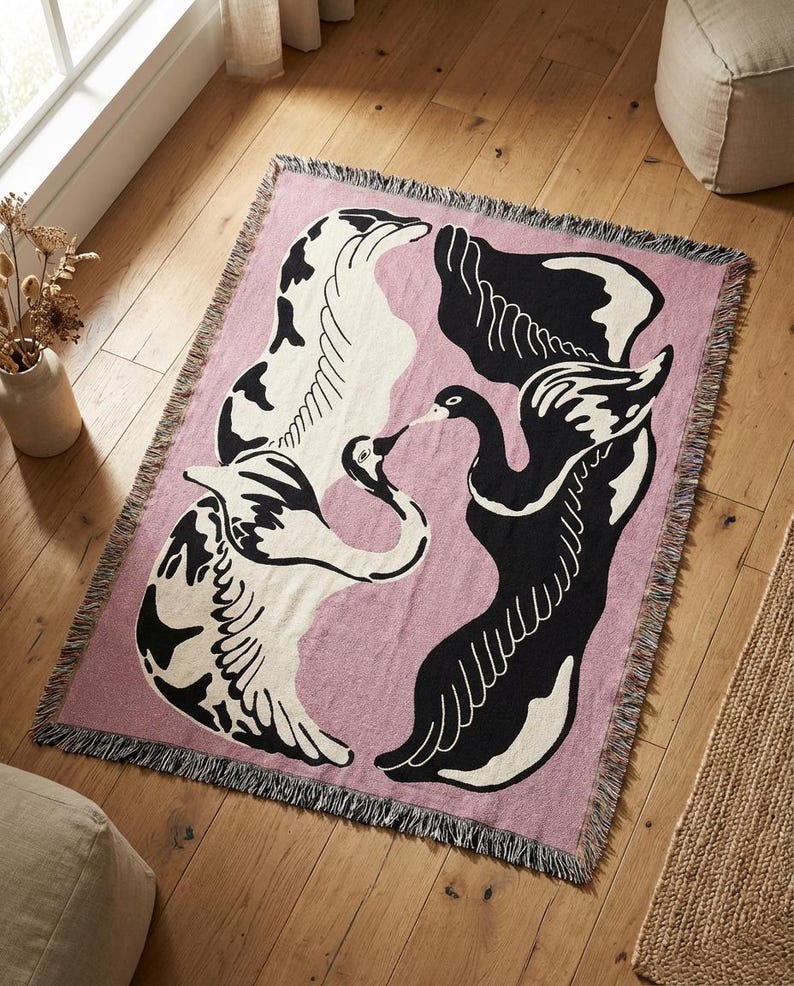 Eternal Flight Jacquard Woven Cotton Throw Blanket with Swans, Decorative Boho Blanket for Sofa, Bed or Wall, Home Decor Gift image 4
