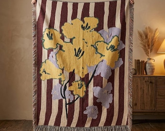 Geweven deken met bloemenmotief, moderne jacquard plaid, gestreepte botanische deken, artistieke katoenen plaid, eigentijds geweven wandtapijt