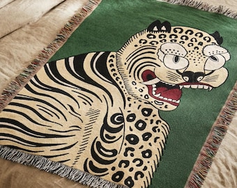 Tibetan Tiger Jacquard Woven Blanket. Boho Animal Art Blanket for Sofa, Bed or Wall, Decorative Tapestry, Unique Home Decor Gift