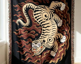 Tiger Woven Blanket | Gothic Home Decor | Tattoo Art Throw Blanket | Maximalist Wall Tapestry | Unique Artist Blanket