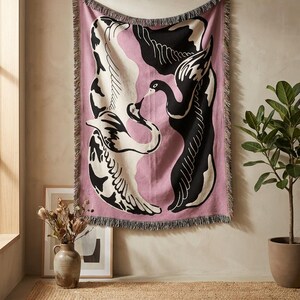 Eternal Flight Jacquard Woven Cotton Throw Blanket with Swans, Decorative Boho Blanket for Sofa, Bed or Wall, Home Decor Gift image 5