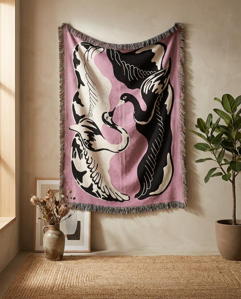 Eternal Flight Jacquard Woven Cotton Throw Blanket with Swans, Decorative Boho Blanket for Sofa, Bed or Wall, Home Decor Gift image 5