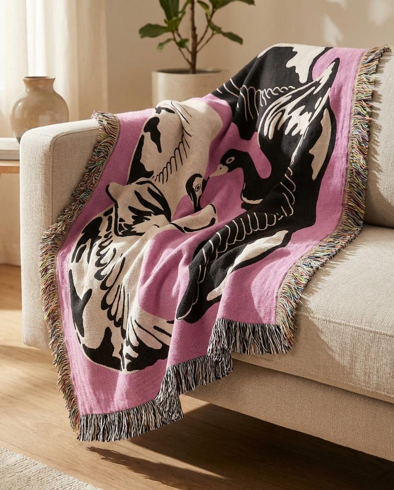 Eternal Flight Jacquard Woven Cotton Throw Blanket with Swans, Decorative Boho Blanket for Sofa, Bed or Wall, Home Decor Gift image 3