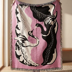 Eternal Flight Jacquard Woven Cotton Throw Blanket with Swans, Decorative Boho Blanket for Sofa, Bed or Wall, Home Decor Gift image 1