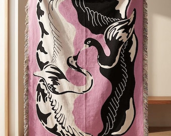 Eternal Flight jacquard geweven katoenen plaid met zwanen, decoratieve boho deken voor bank, bed of muur, woondecoratie cadeau