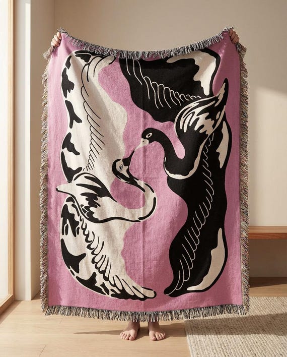 Eternal Flight Jacquard Woven Cotton Throw Blanket with Swans, Decorative Boho Blanket for Sofa, Bed or Wall, Home Decor Gift