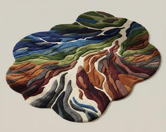May include: A cloud-shaped rug with a landscape design. The rug features a variety of colors, including blues, greens, browns, and oranges, creating a textured, three-dimensional effect. The rug's dimensions are approximately 60 inches by 48 inches.