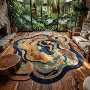 May include: An irregularly shaped area rug featuring a multi-coloured design of swimming koi fish. The rug displays flowing, wave-like patterns in shades of deep blue, mustard yellow, sage green, and terracotta, with raised textures depicting fish.