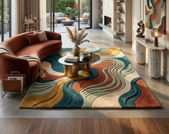 Alfombra abstracta moderna de lujo hecha a mano para sala de estar, decoración del hogar, alfombra con patrón ondulado