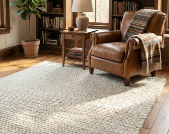 Handwoven Chunky Wool Rug – Premium Quality Cable Knit Texture, Scandinavian Minimalist Carpet for Living Room, Bedroom & Any Space