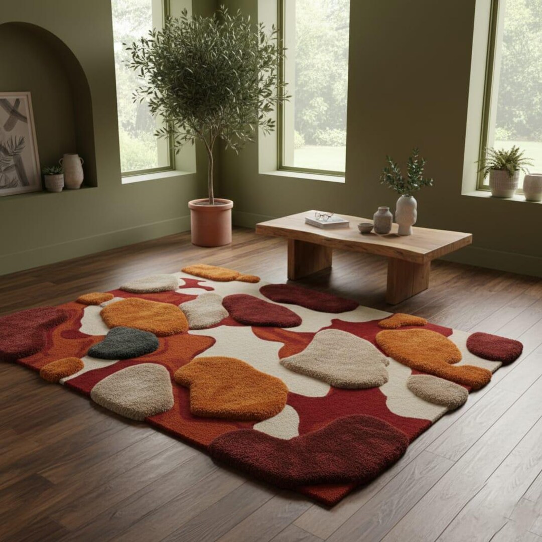 Hand Tufted Wool Rug: Abstract Organic Shapes, Rust Orange - Etsy