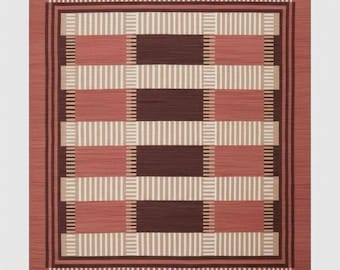 Dhurrie Swedish Scandinavian Handmade Flatweave Rug in Rust, Geometric Block Pattern for Living Room & Bedroom