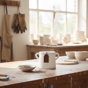 May include: A white ceramic mug with two handles and a brown tag, on a wooden table. A small, shallow bowl with dark contents sits beside the mug. Other ceramic items are in the background.