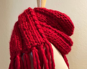 Extra Long Super Bulky Soft Red Scarf Hand Knit Peruvian Merino Wool