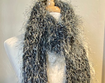 Silver Bells Hand Knit Scarf Wool, Eyelash and Silk Yarn Scarf Long Knit Fashion Accessories Gray Silver Blue