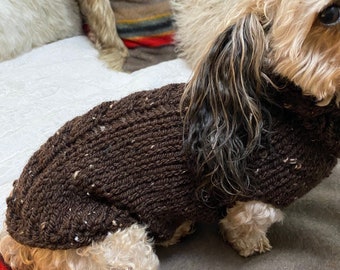 Chunky Warm Dog Sweater Hand Knit Small with Cable Down Back Wool/Acrylic Machine Washable Brown Tweed
