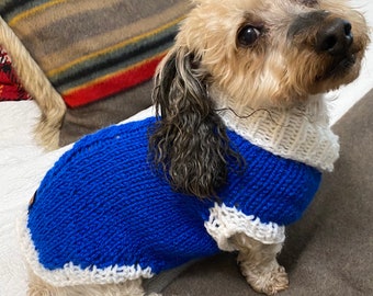 Beautiful Blue Dog Sweater with White Collar Hand Knit for Small Dog - with Cable Down Back - Wool & Acrylic Machine Washable