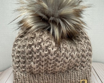 Bulky Hand Knit Hat Luxury Yarn 100% Wool Beanie Adult with Stormy Pom