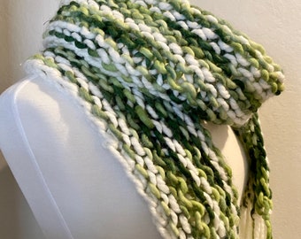 Super Bulky Chunky Green Scarf Hand Knit Merino Wool Scarf Fashion Accessory Cream White Green Swirl Extra Long