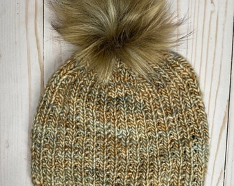 Bulky Hand Knit Hat Luxury Yarn Merino Wool Slouchy Beanie Adult Size with Brown Pom Pom