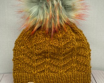 Bulky Hand Knit Hat Luxury Yarn 100% Wool Beanie Adult with Orange Tipped Blue Pom