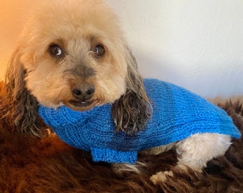 Small Long Dog Sweater Hand Knit - Wool & Acrylic Machine Washable Variegated Blue