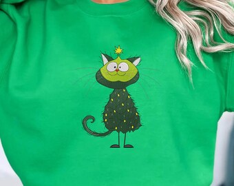 EMBROIDERED Funny Tree Cat Christmas Sweatshirt, Cat Lover Gift For Christmas, Cat Mom Sweat, Cat Owner Gift, Animal Lover, Xmas Cat Gift