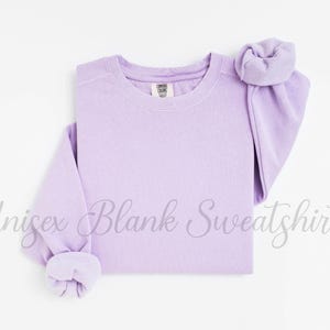 May include: A light purple unisex blank sweatshirt with a crew neck and long sleeves. The sleeves are cuffed at the wrists. The text "Unisex Blank Sweatshirt" is written across the bottom of the image.