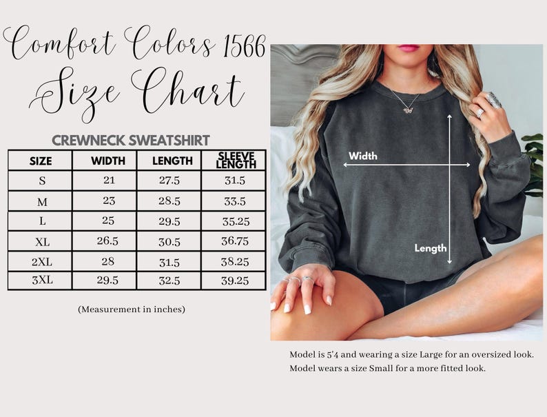 Puede incluir: Tabla de tallas para una sudadera de cuello redondo Comfort Colors 1566. La tabla muestra las medidas en pulgadas para las tallas S a 3XL, incluyendo ancho, largo y largo de manga. La imagen tambi&eacute;n muestra a una persona vistiendo una sudadera gris oscura.