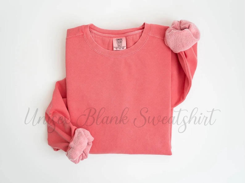 May include: Coral-colored sweatshirt with a crew neck and long sleeves. The sleeves are cuffed, and the interior of the cuffs is a lighter shade of pink. The brand label is visible on the neckline. The words "Unique Blank Sweatshirt" are written in cursive across the bottom.