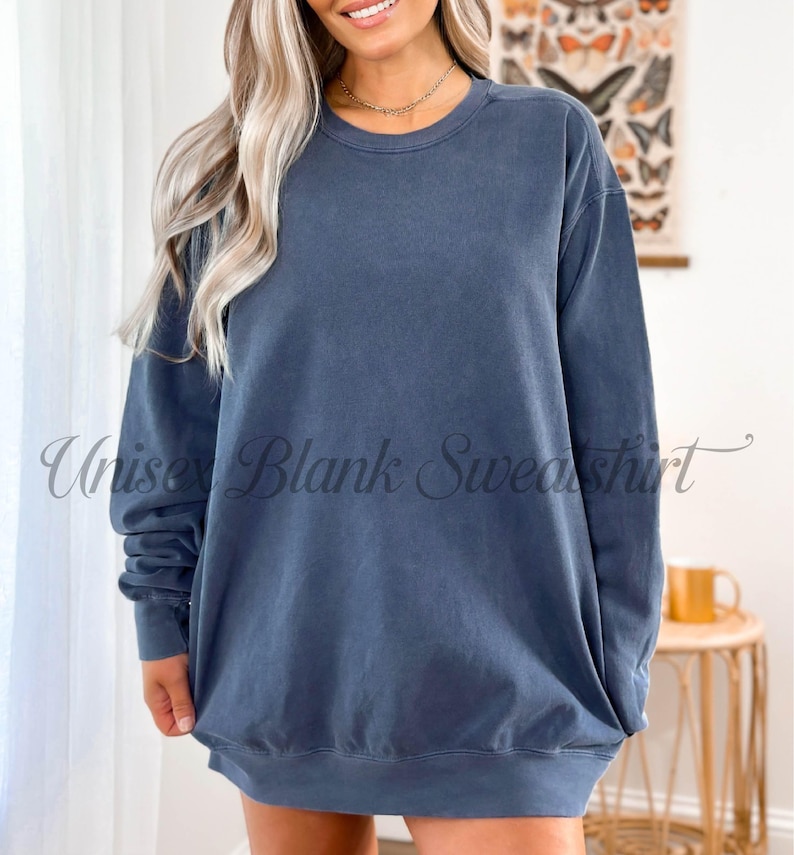 May include: A faded blue unisex sweatshirt. The garment has a crew neck and long sleeves. The text "Unisex Blank Sweatshirt" is printed on the front. The sweatshirt is a solid color and appears to be made of a soft material.